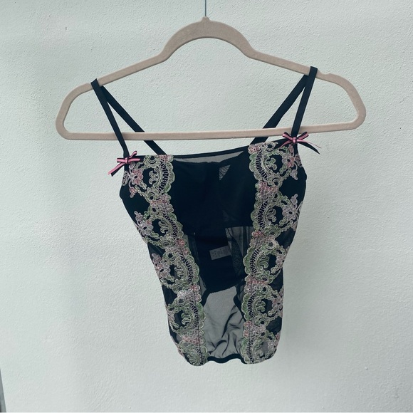 Y2K EURO Floral Embroidered Black Mesh Bustier Top Size 34B - Picture 1 of 9
